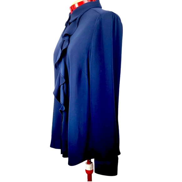 Chicos Colbalt Blue Ruffle Front Silky Blouse Size 2 Medium 12-14 - Picture 4 of 14